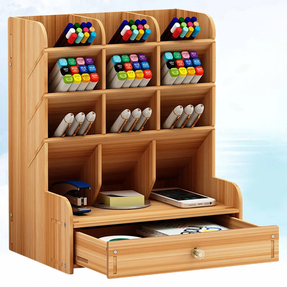 

Storage Shelves Desktop Shelf Wooden Pen Holder Multi-Divided High Capacity Office