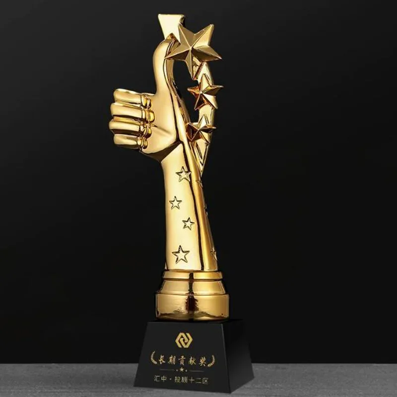 Customized Creative Thumb Pentagram Resin Trophy Souvenir Reward Home Decoration Honor Gold Silver Copper Crystal Base Medal 1Pc