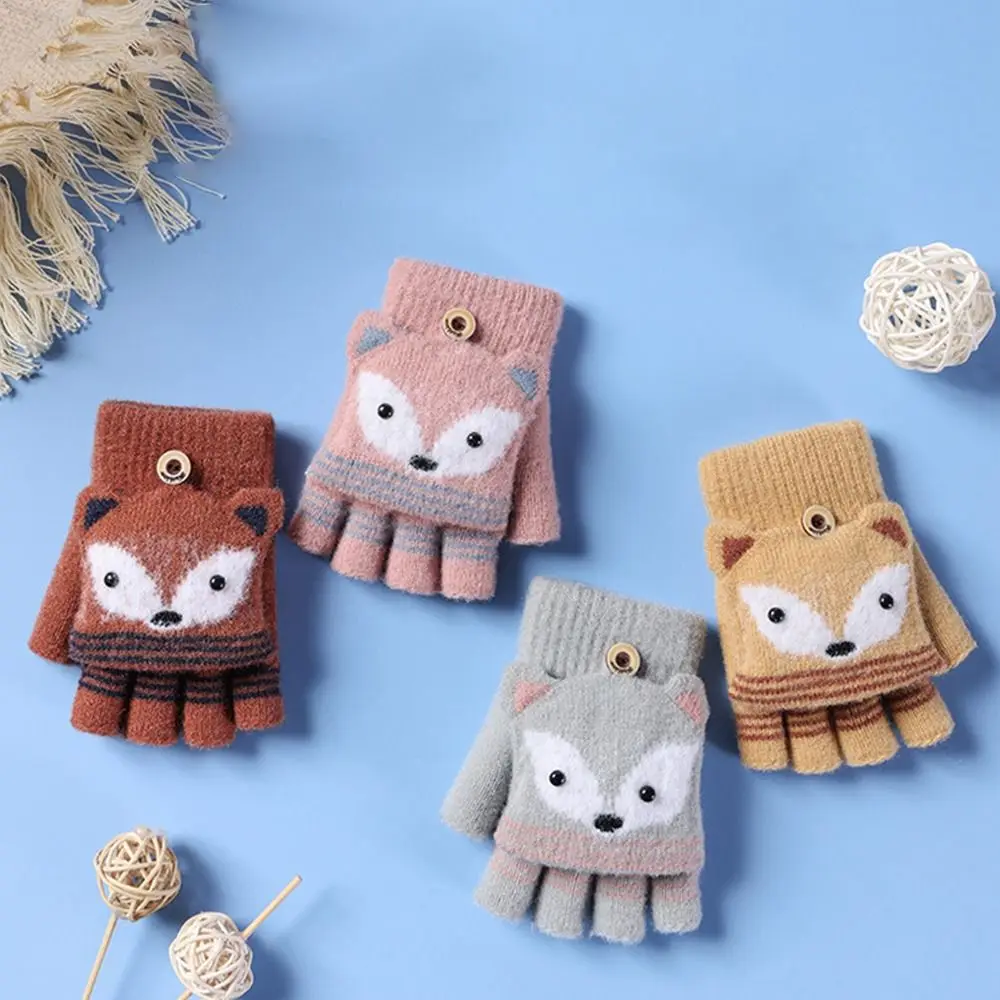Autumn Winter Children Knitted Gloves Flip Fingerless Gloves Cute Cartoon Fox Warm Half-Finger Gloves 4