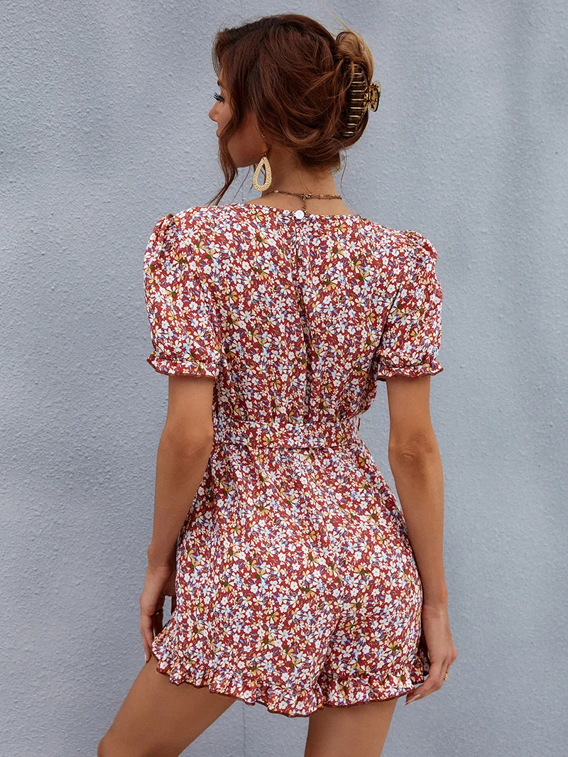 Summer Chiffon Floral Rompers 2023 Women V-Neck Short Sleeve Casual A-Line Playsuits Flared Sleeves All-Match Short Jumpsuits