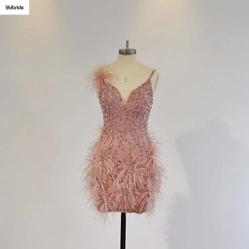 YYbride Newest Pink Feathers Beading Crystals V-neck Backless Sexy Young Girls Mini Cocktail Dresses