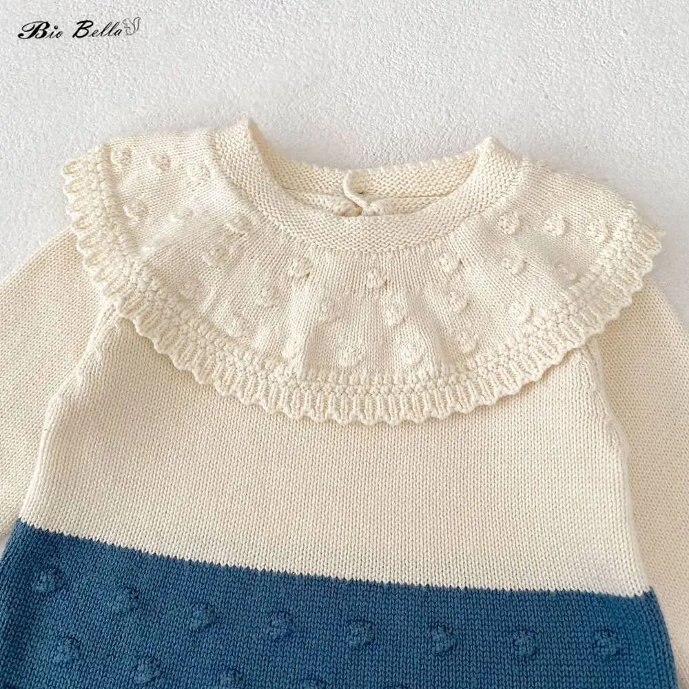 유니섹스  니트 바디수트 큰 카라 물방울 무늬 긴팔 피부 친화적인 스트레치 롬퍼 남아 여아 가을 겨울 3-24개월  스웨터