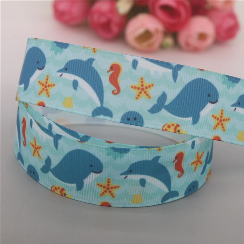 DHK 50yards Sea Shark Whale Printed Grosgrain Ribbon Accessories Material Headwear Decoration DIY Sewing Craft D1959