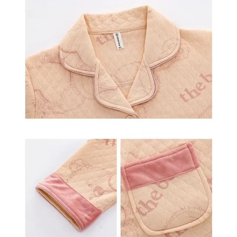 2024 New Autumn Winter Three-layer Warm Air Cotton Sandwich Pajamas Thick Long Sleeve Loungewear Women Thin Cotton Homewear Set