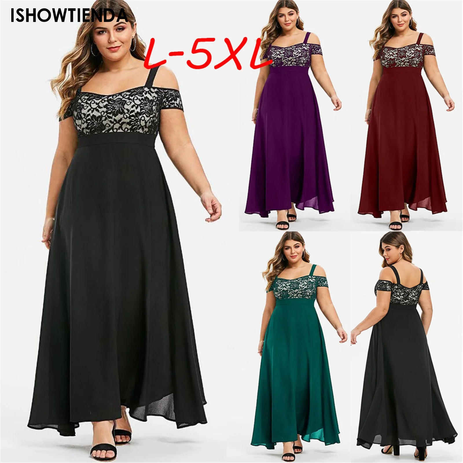 

Women Plus Size Dresses Cold Shoulder Floral Lace Maxi Party Evening Camis Long Dress L-5xl Vestido Robe Vestidos Mujer