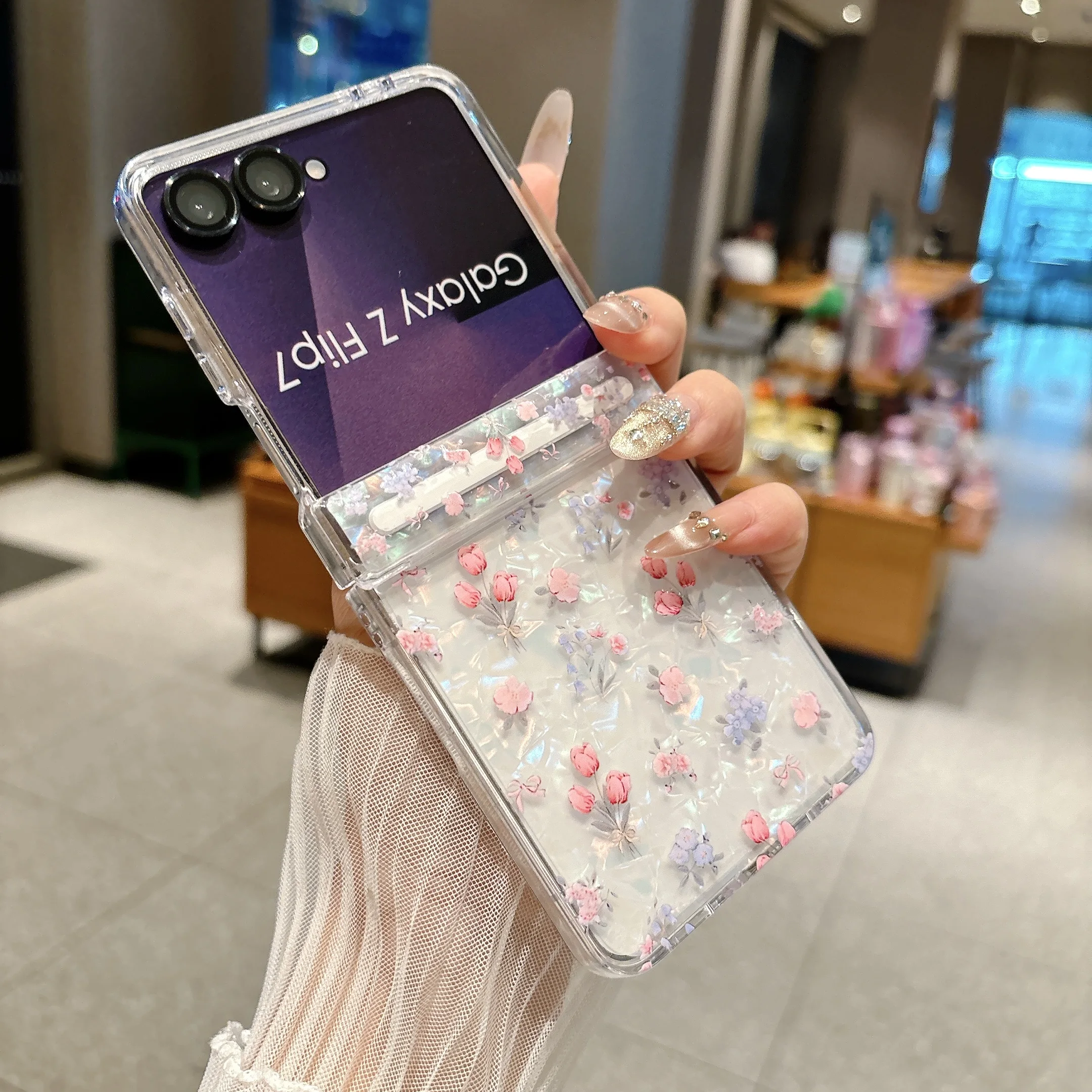 Luxury Colorful Glitter Shell Flower Case with Magnetic Hinge Connection - Hard PC Cover