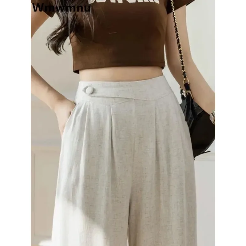 

Big Size Trousers Casual Baggy Pantalones Summer New Cotton Linen Hig Waist Wide Leg Pants Mom's Straight Sweatpant Women 4xl