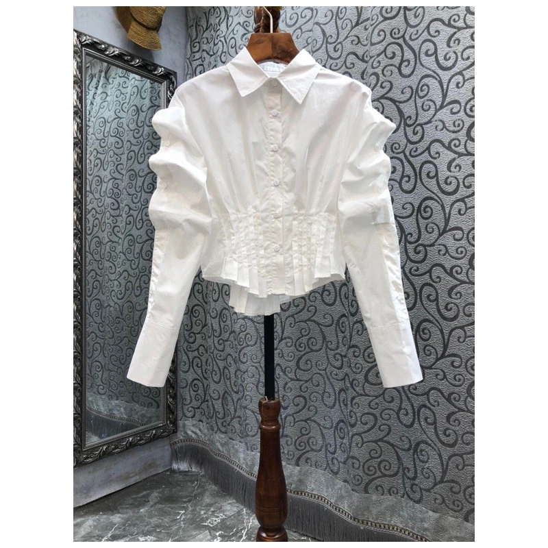 

Irregular Pleated Long Puff Sleeve Crop Shirt Women's 2023 Spring Summer Temperament Short White Blouse Office Lady Fashion Top