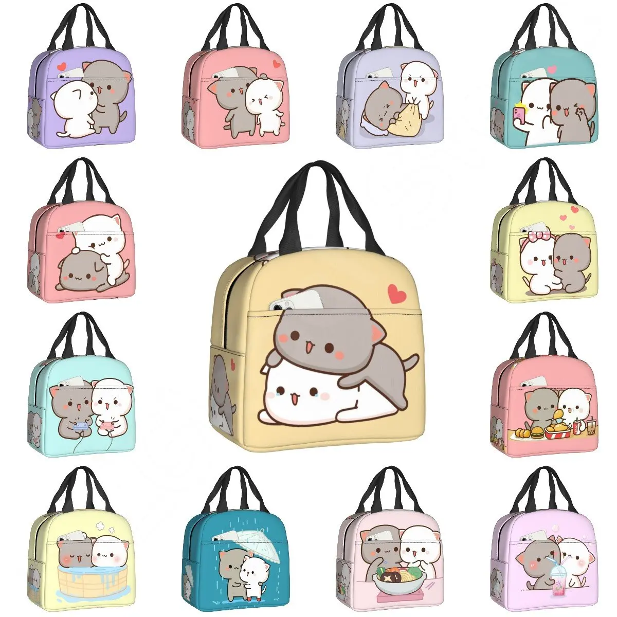 Couple Mochi Cat Peach And Goma Thermal Insulated Lunch Bags Women Lunch  Container For Kids School Children Storage Food Box