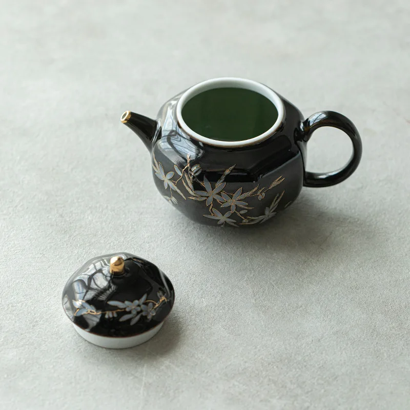 Chinese Retro Tea Pot with Black Gold Glaze Apricot Blossom with Filter Octagonal Tea Set Ceramic Maker