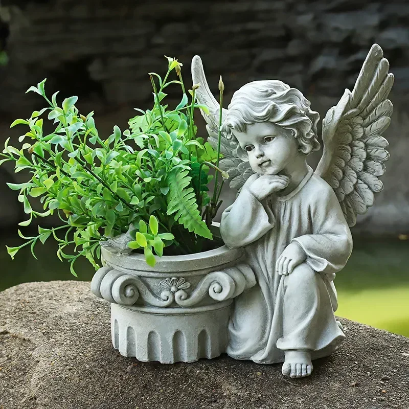 

31CM European Courtyard Decor Angel Flowerpot Garden Landscape Decoration Statues Resin Decorative Garden Angels Figurines Decor