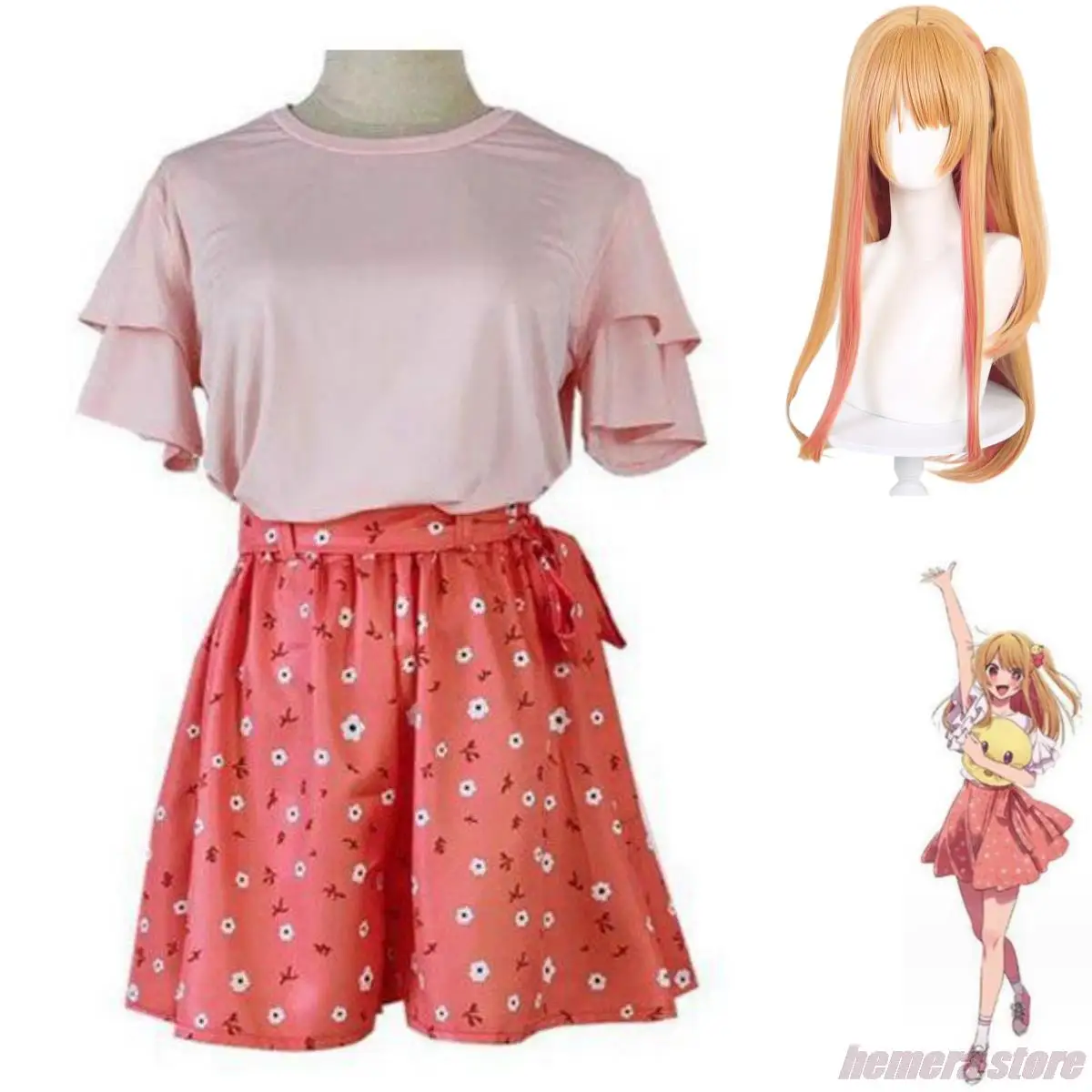 

Anime Oshi No Ko Hoshino Rubii Cosplay Costume Wig Daily Pink T-Shirt Trouser Skirt Woman Sexy Kawaii Leisure Party Suit