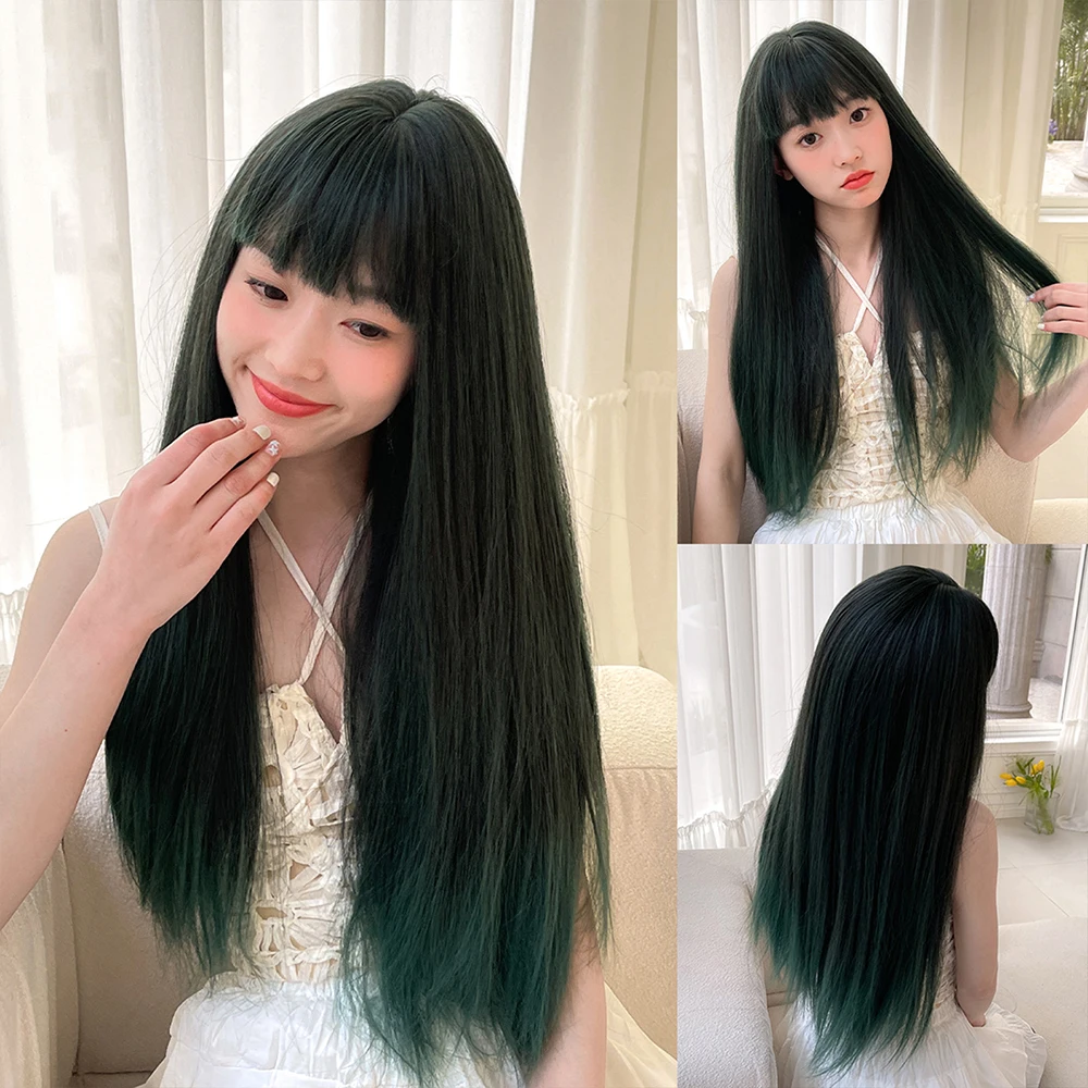 

New style of wig and hair cover, Qi Liu Hai Ink green Fashionable temperament, long straight hair wig, full head cover, high-tem