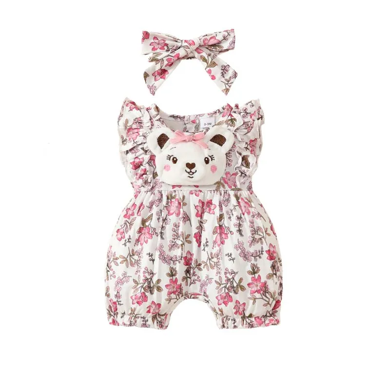 

Summer Baby Girl Clothes 0-18 Months Rompers Ruffled Sleeveless Bear Printing Onesies Baby Outfits