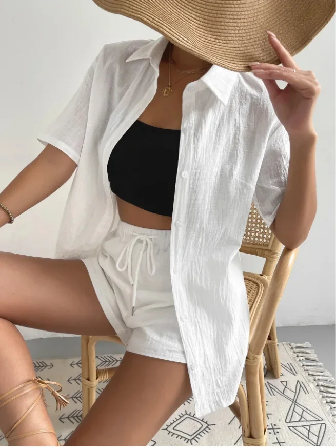 Women Elastic Waist Drawstring Shorts Set Summer Simple Solid Women Shirts Outfits Cotton Linen Shirt Loose Casual 2 Piece Set