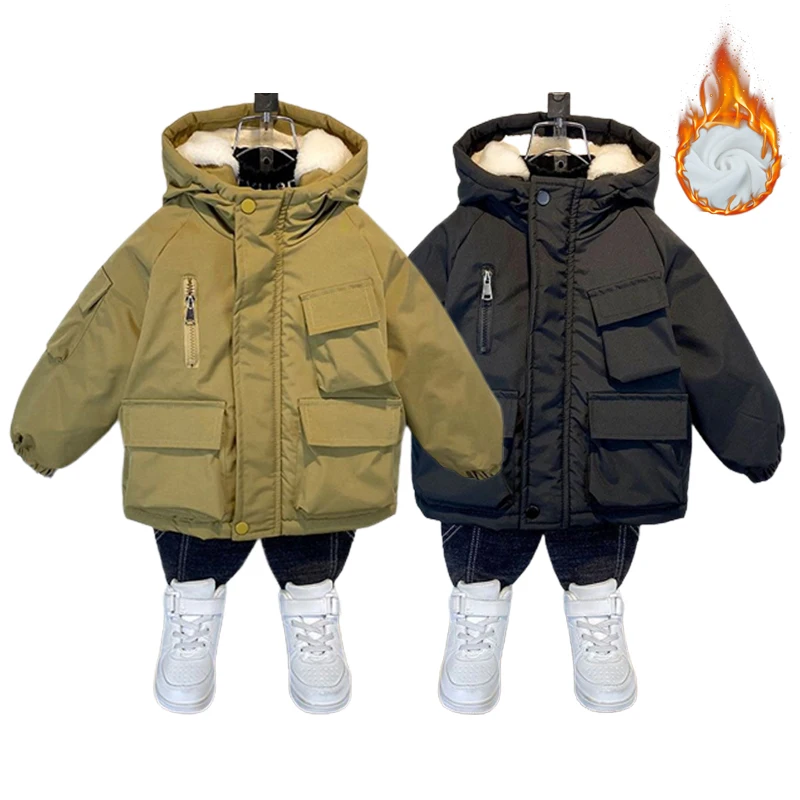 Boys Winter Plus Velvet Outerwear 3-10 Year Fashion Hooded Warm Down Jackets Thicken Windproof