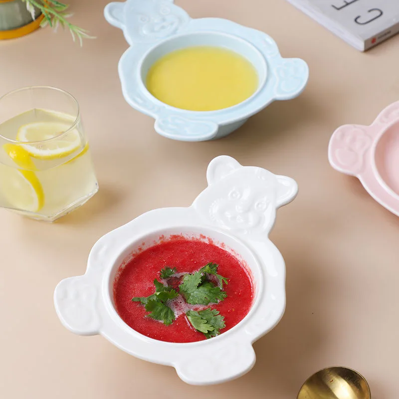 Fruit Plate Ceramic Dessert Plates Cartoon Bear Dessert Plate Bowls Cute Ceramic Dinner Dishes Korean Ins Bear Dessert Flat Soup Bowl Breakfast Salad Fruit Tray