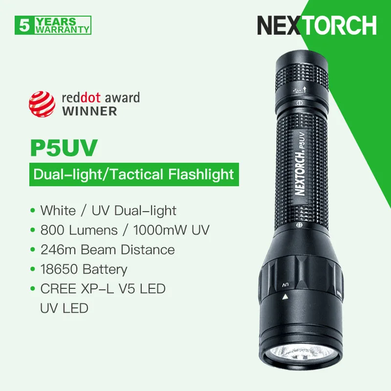 Nextorch P5Uv Torcia Tattica A Led Ricaricabile, Doppia Luce Bianca/Uv, 800 Lumen/1000Mw 365Nm Wavelengh, Con Batteria 18650