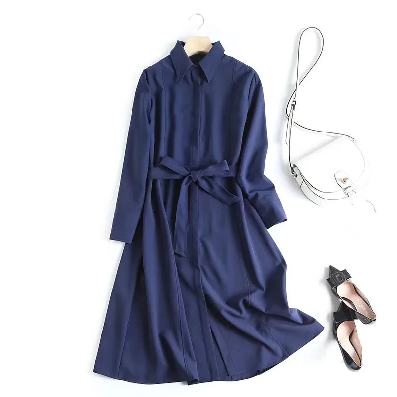 

Withered New Spring Dress Women England Style Office Lady Fashion Elegant Sashes Long Shirt Women Loose Midi Dress Vestidos