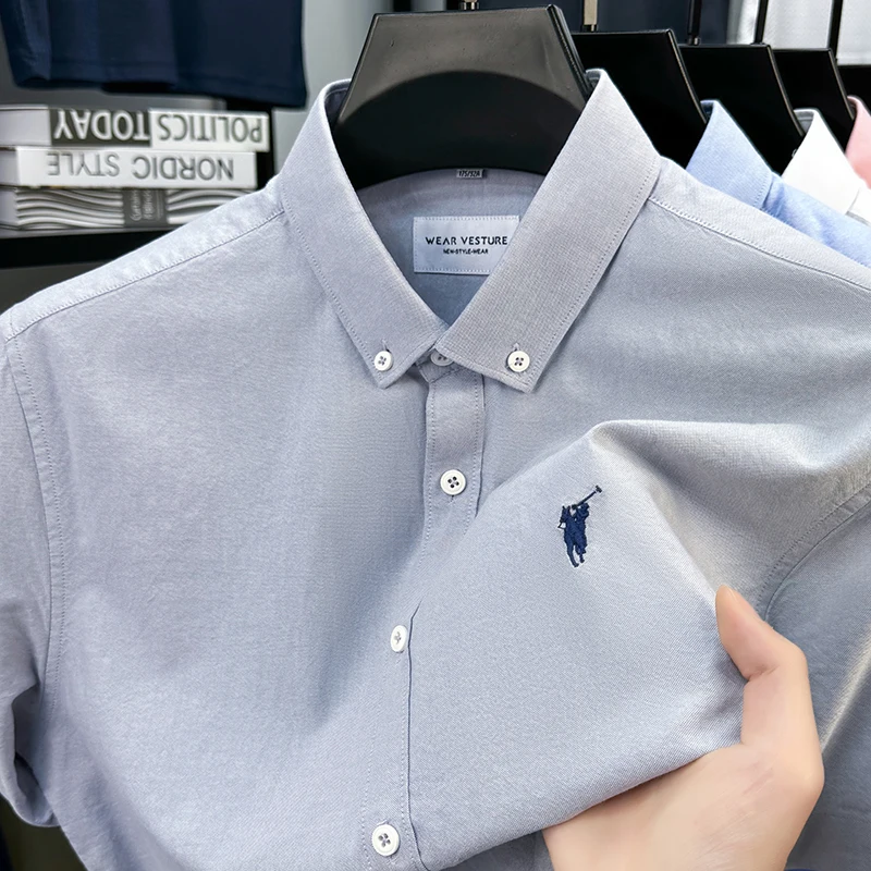 Solid Color Cotton Embroidered Small Horse Logo Shirt, Men's Short Sleeved Casual Versatile High-end Spring and Autumn Shirt