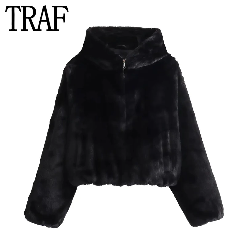 

TRAF Black Faux Fur Coat Women Hooded Winter Jackets For Women 2023 Cropped Fluffy Jacket Woman Long Sleeve Furry Short Coats