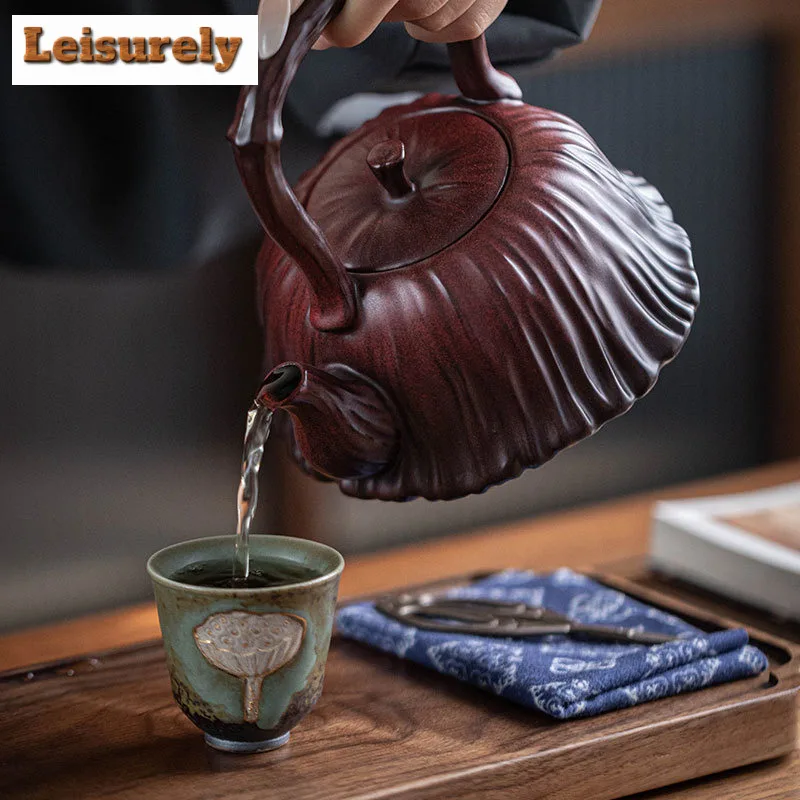 550ML Kiln Change Red Ceramic Teapot Creative Lotus Seedpod Lifting Handle Pot Boiling Water Kettle For Electric Pottery Stove