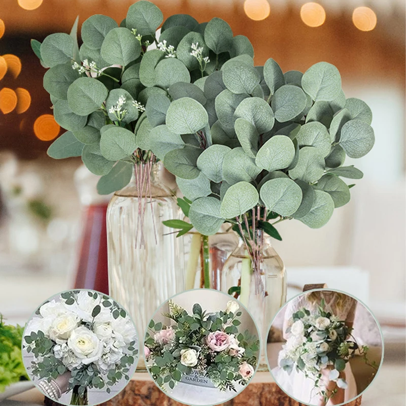 

10/5pcs Fake Eucalyptus Leaves Stems Artificial Greenery Flowers For Bride Bouquet Vase Floral Arrangement Home Wedding Decor