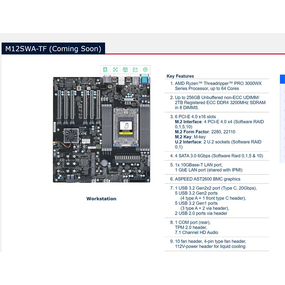 M12SWA-TF 10G IPMI WRX80 6 PCIE4.0 M.2X4 U.2 EATX Server Motherboard 8 M12SWA-TF 10G IPMI WRX80 6 PCIE4.0 M.2X4 U.2 EATX Server Motherboard - Image 6