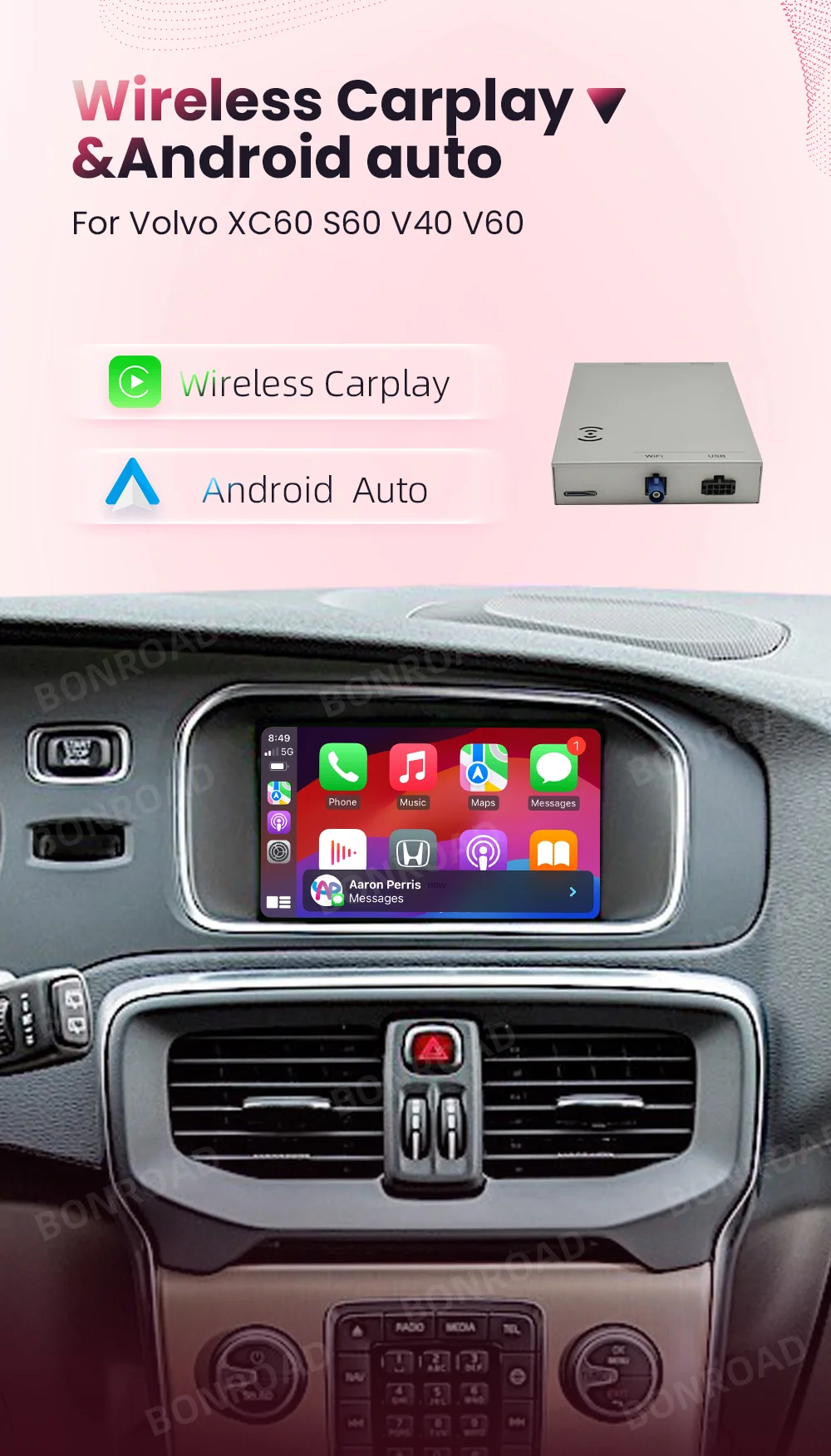BONROAD Drahtloses Carplay Android-Automodul für Volvo XC60 XC70 S60 S80 V60 V70 V40 2015–2019 mit 7-Zoll-Bildschirm, Bluetooth-Musik – Detail 1