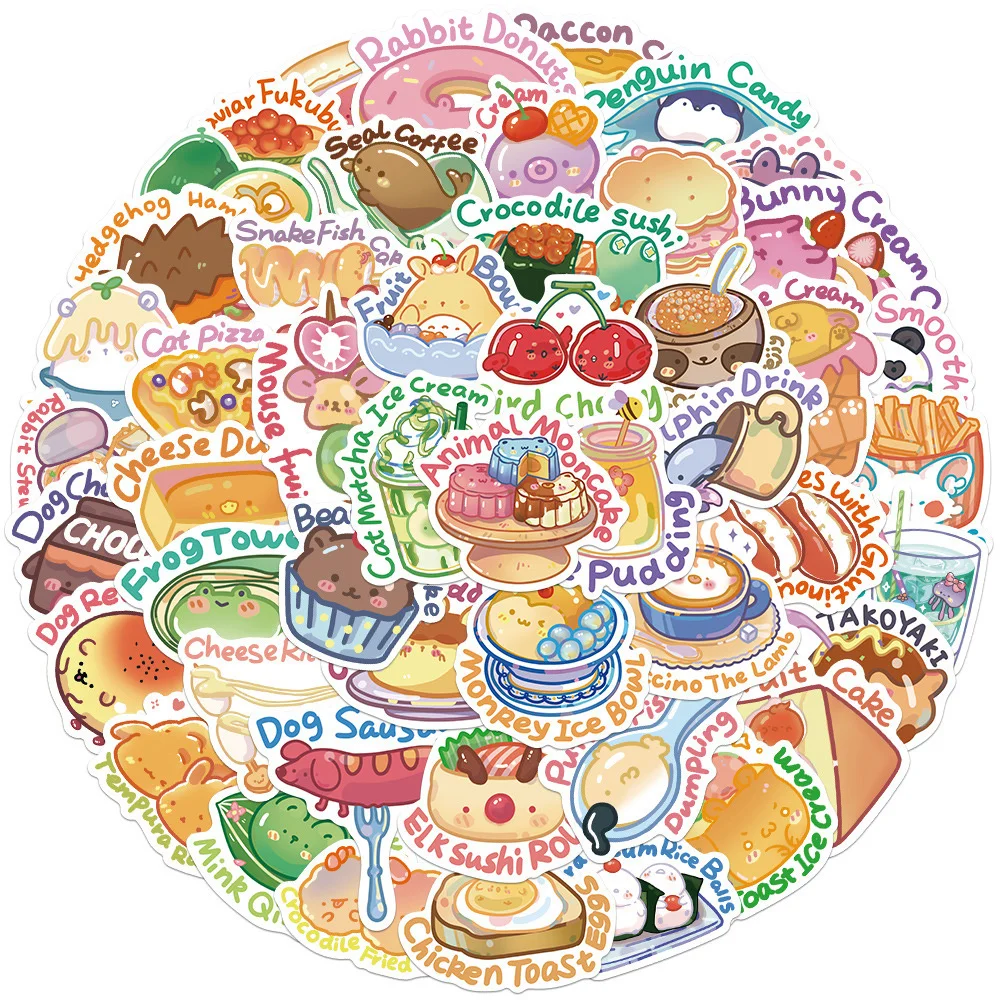 Cute Animal Food Stickers for Scrapbook, Stationery, Laptop, Kraft