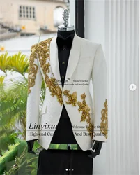 White Jacquard Wedding Men Suit Luxury Lace Beads Gem Groom Tuxedos 2 Pieces Sets Male Prom Party Blazers Slim Fit Costume Homme