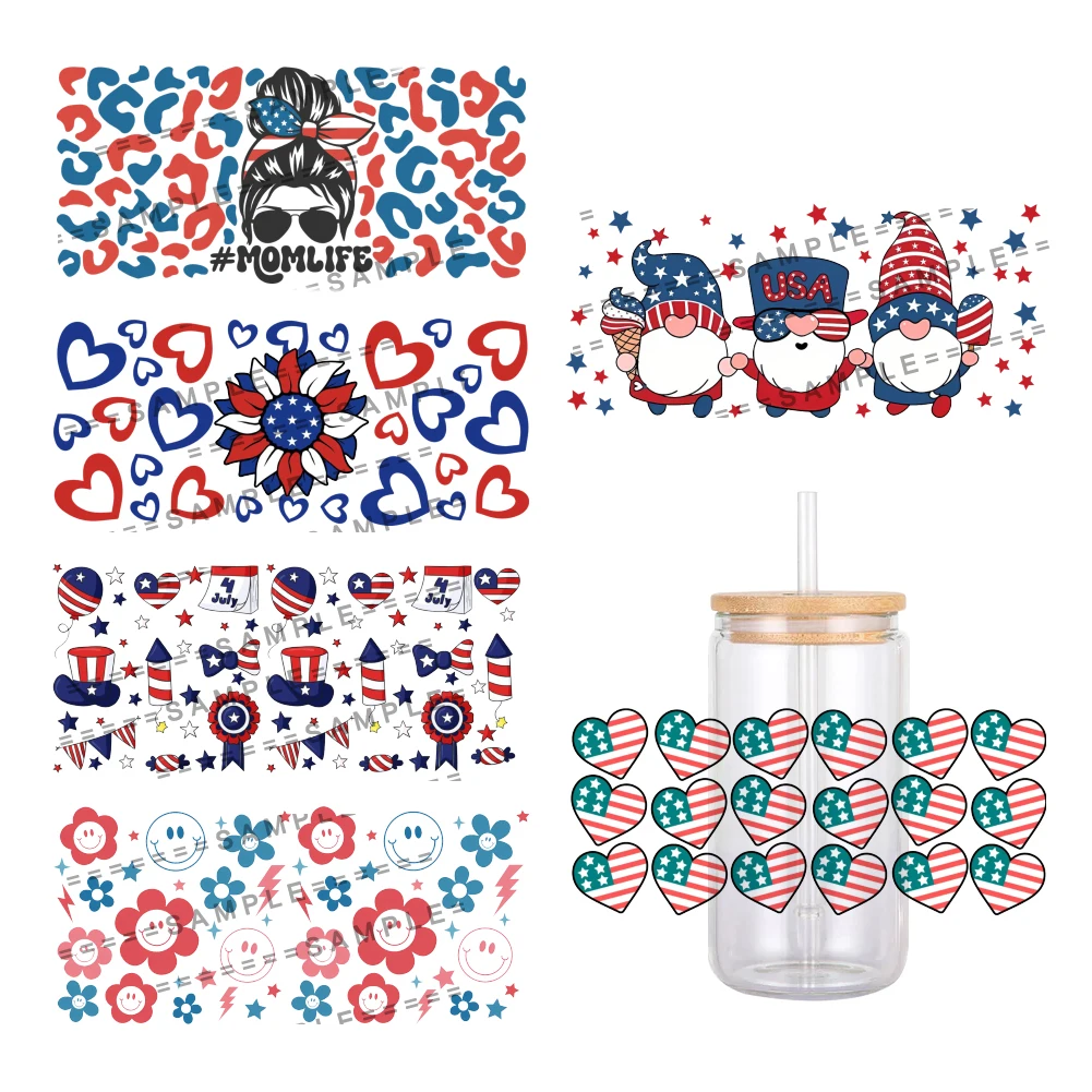 USA Independence Day Designs UV DTF Transfer Sticker Waterproof Transfers Decals For 16oz Glass Cup Wrap Stickers
