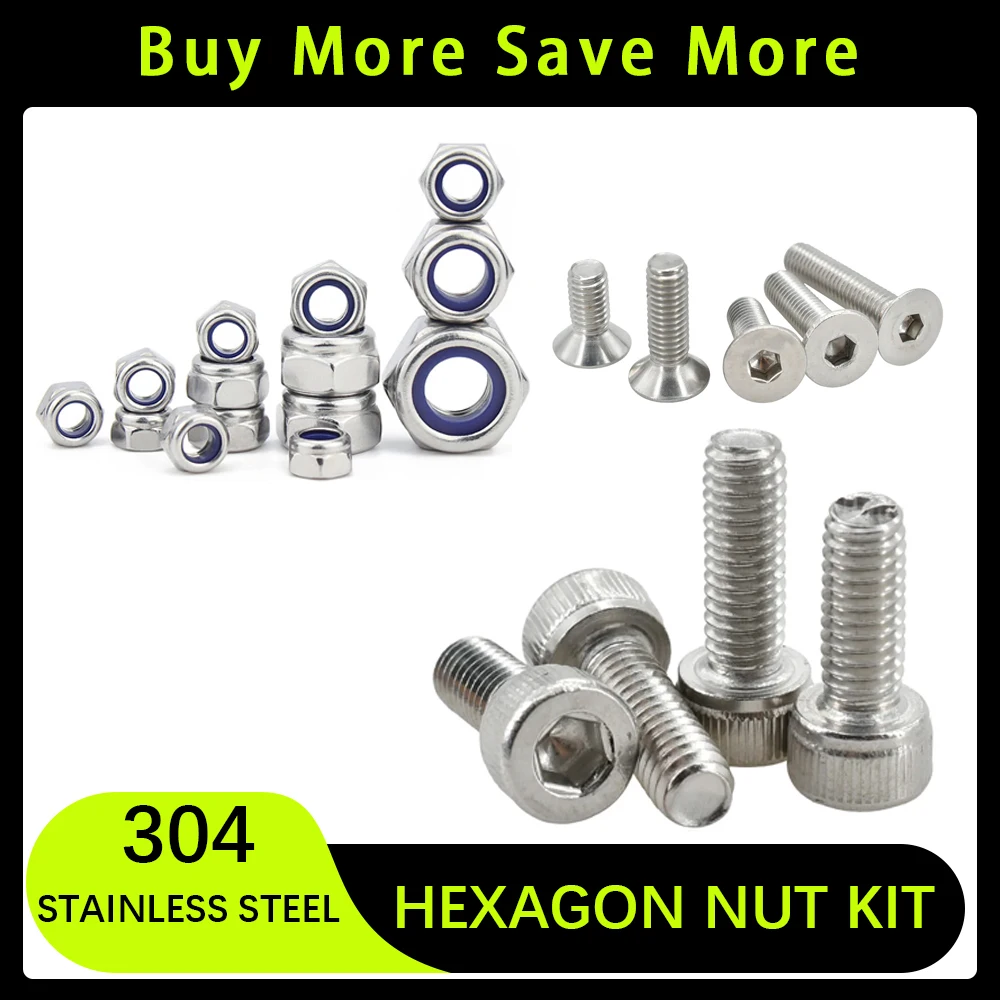 

M3 M4 M5 M6 304 stainless steel hex socket bolt hex nut kit nylon lock nut kit fastening mechanical screw metric thread
