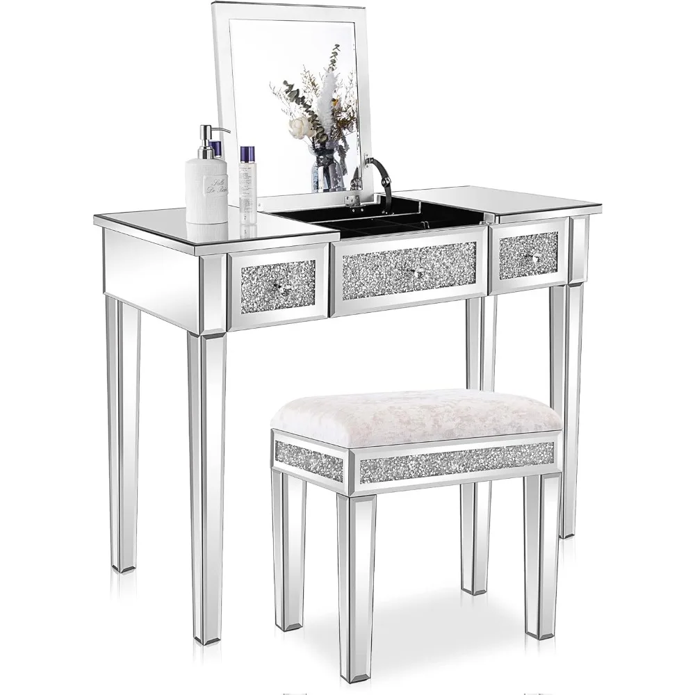 Mirrored Vanity Desk With Drawers and Flip Mirror, Glass Table, Silver Makeup Desk for Bedroom/Makeup Room