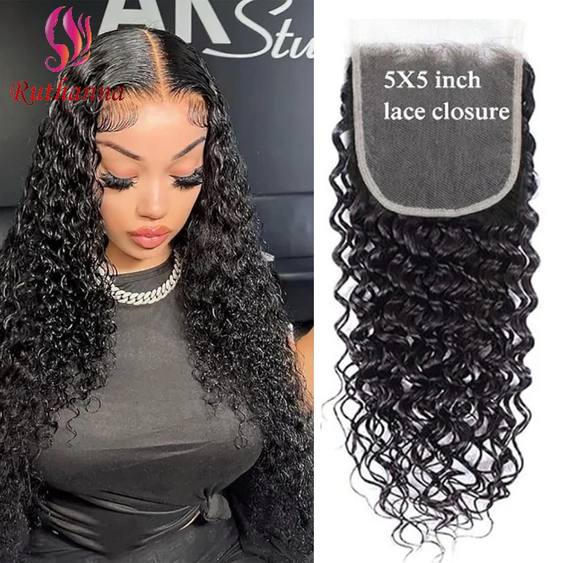 5x5 Lace Closure Water Wave 100% Human Hair Pre-Plucked Hairline Brazilian Virgin Hair Transparent Lace Closure For Black Women
