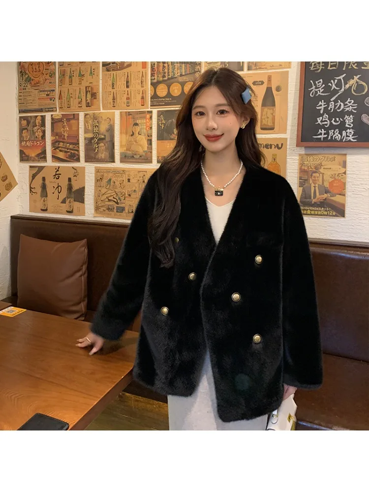 Women\'s Coat Winter New Fur One-piece Mink Fur Coat V-neck Casual Slimming Thickened Warm Coat Woman Clothing Winter Jackets