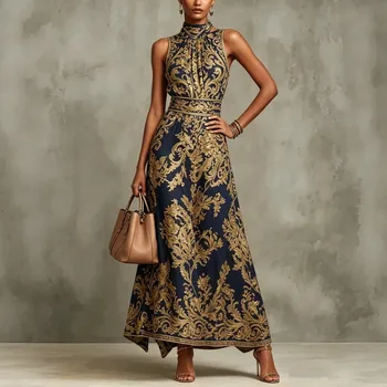 Eleganti Abiti Lunghi da Sera per Feste Estate 2026, Nuovi Modelli Vintage Classici con Stampa Floreale e Colletto a Risvolto, Vestiti a Linea A per Donne