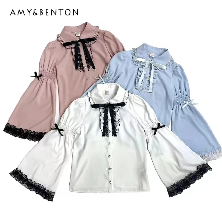 

Spring New Lolita Mine Mass-Produced Shirt SC Bell Sleeve Heavy Industry Retro Lace Cute Blouse Women Sweet Bow Rojita Shirts