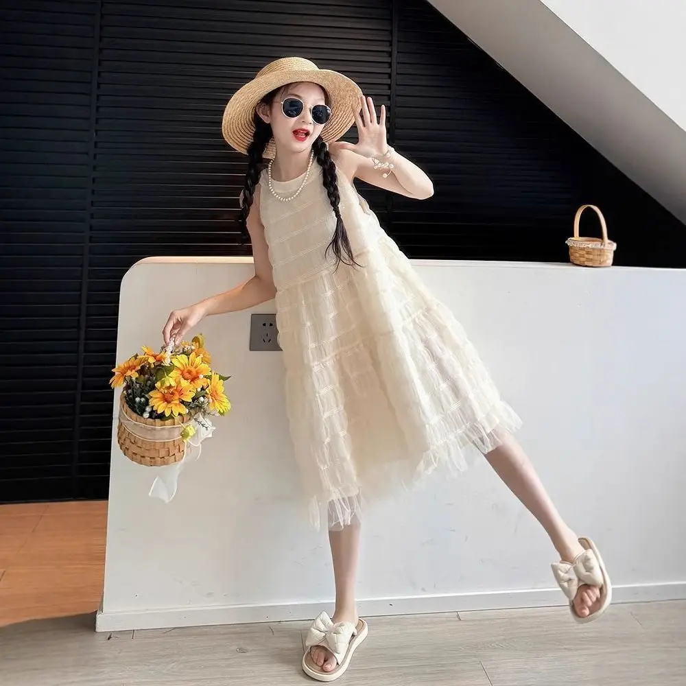 Elegant Loose Girls Princess Dress Children Beach Vacation Summer Mesh Dress Party Sweet Teens Long Dress Party
