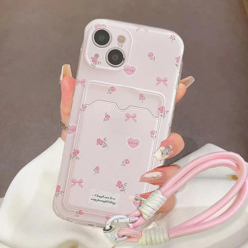 Floral Bow Card Holder Wallet with Hand Wrist Strap