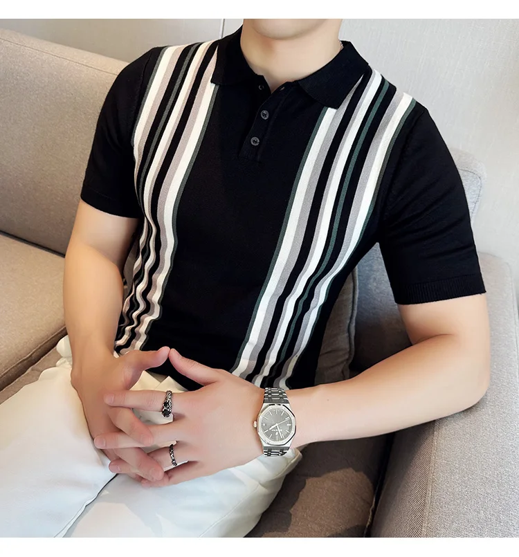 Description Picture 5 of itemMen's Business Casual Pullover 2024 High Quality, Vintage Stripe Stretch Polo Shirt Slim Fit Men's Turn-down Collar Short Sleeve