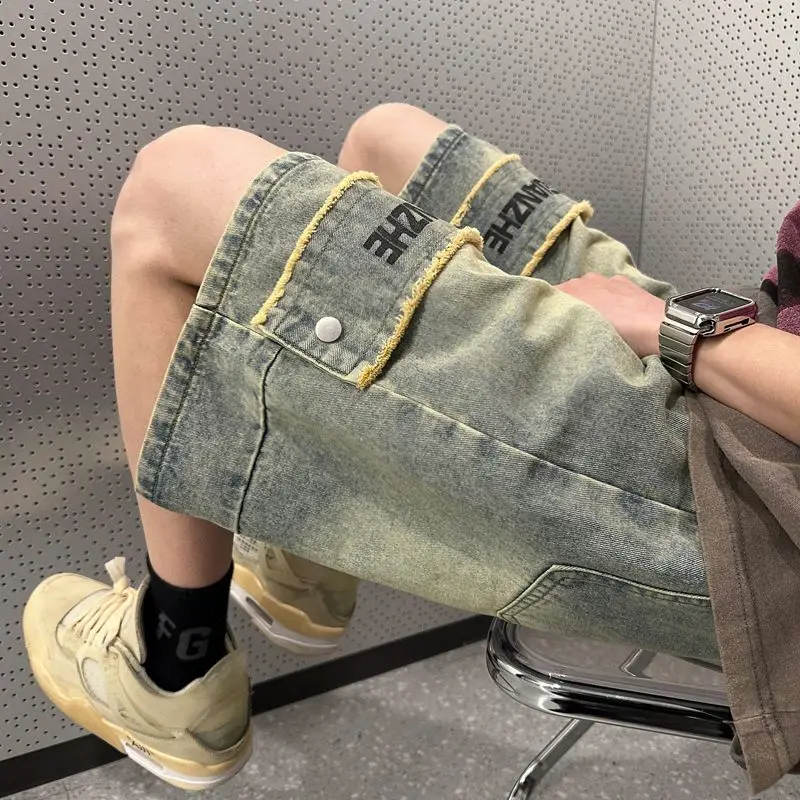 

Unisex Style Women's American Vintage Denim Shorts Summer New Fashion Female Premium Thin Loose Elastic Waist Knee Length Jeans