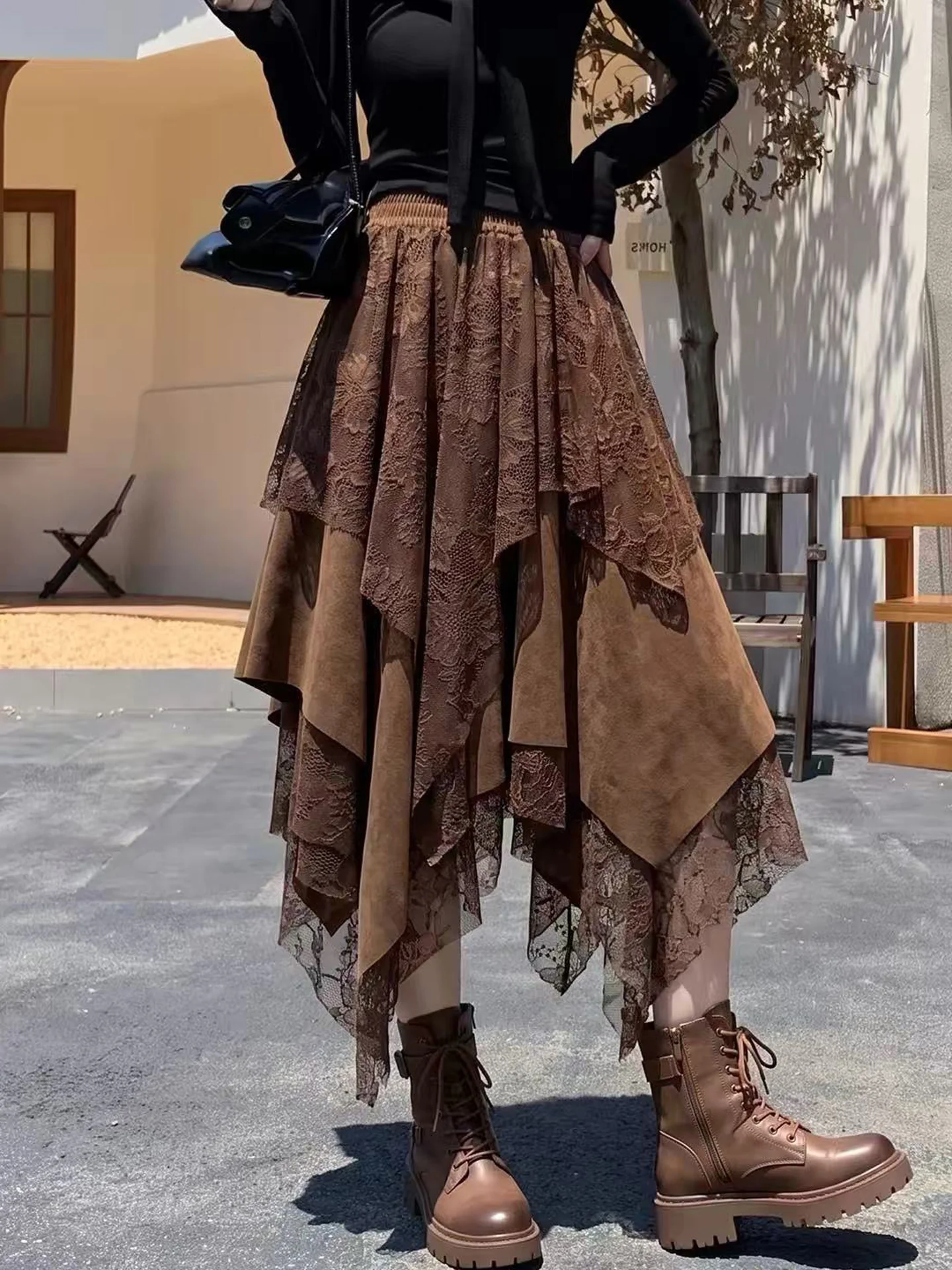 Retro American High Waist Asymmetrical  Skirt for Women Lace Splicing Suede Mid-Length Trendy Skirts Autumn New Style