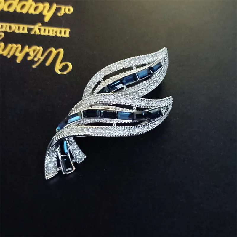 Fashionable Blue Square Zircon Orchid Leaf Brooch for Women's High-end Exquisite Plant Leaf Corsage Suit Decoration Pins