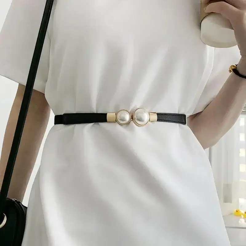

Creative Pearl Buckle Belt PU Leather Dress Skirt Waist Elastic Thin Women Belts Ladies Waistband Clothing Matching Style Decor