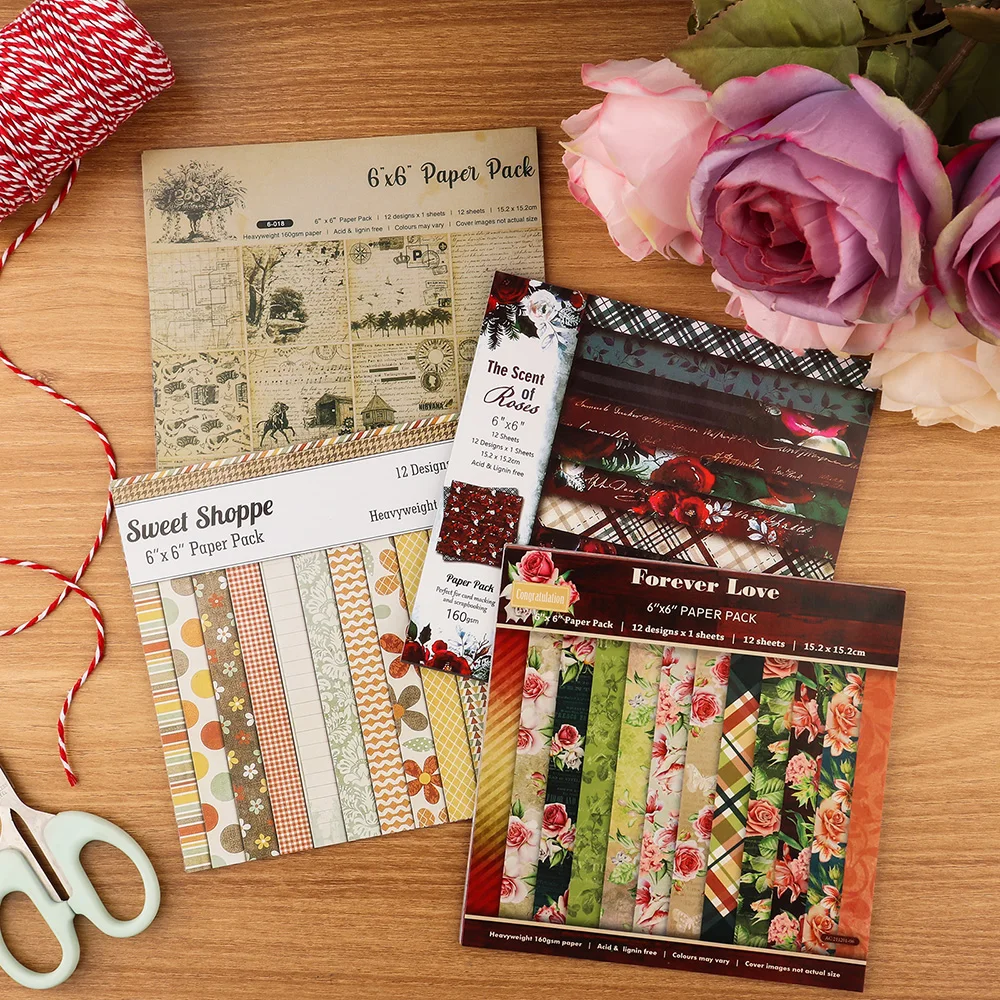 Rose Christmas Grid Pattern Paper Pads 12 Sheets/Pack 6x6inch for Handmade Gifts Card Making Scrapbook Layouts DIY Tool