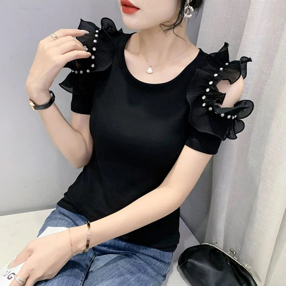 

Летние хлопковые футболки для девочек, футболки в полоску с коротким рукавом, круглым вырезом и оборками, модная облегающая футболка с вырезами