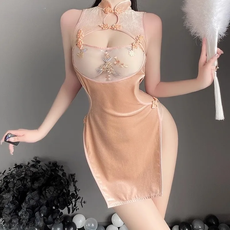 

Sexy Cheongsam Four Seasons Models Uniform Lingerie High Neck Set Mood Sleeveless Passion Charm Pajamas Women