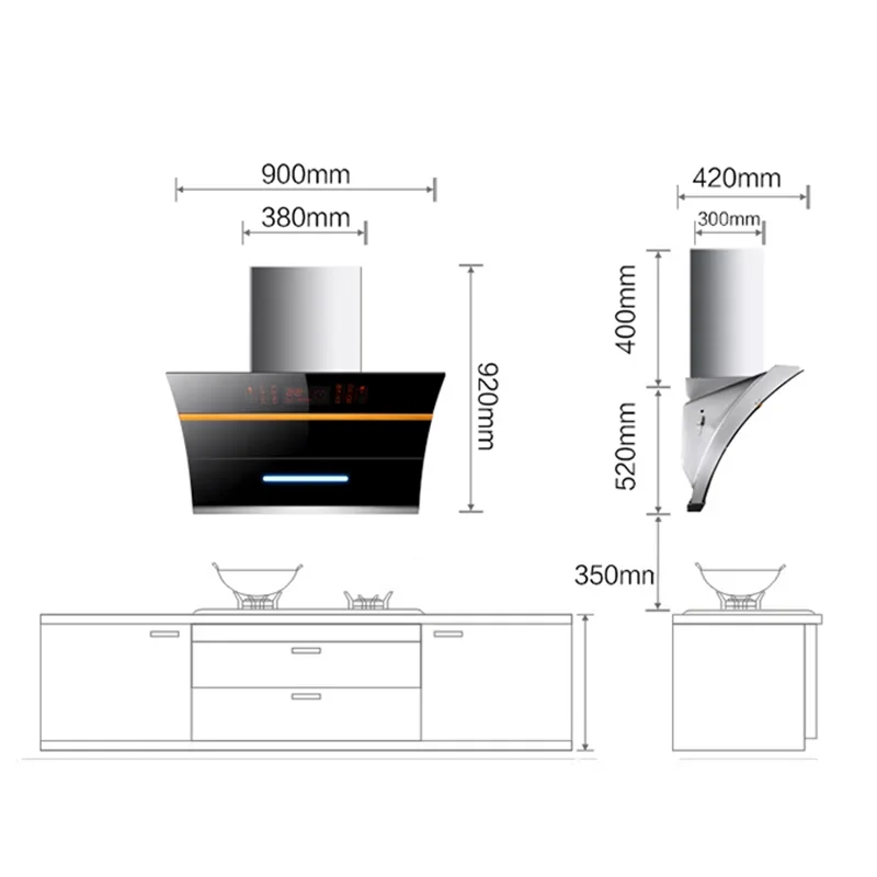 Smoke Grease Extractors Cooker Hoods Industrial Stainless Range Hood 900 * 420 * 520mm 5