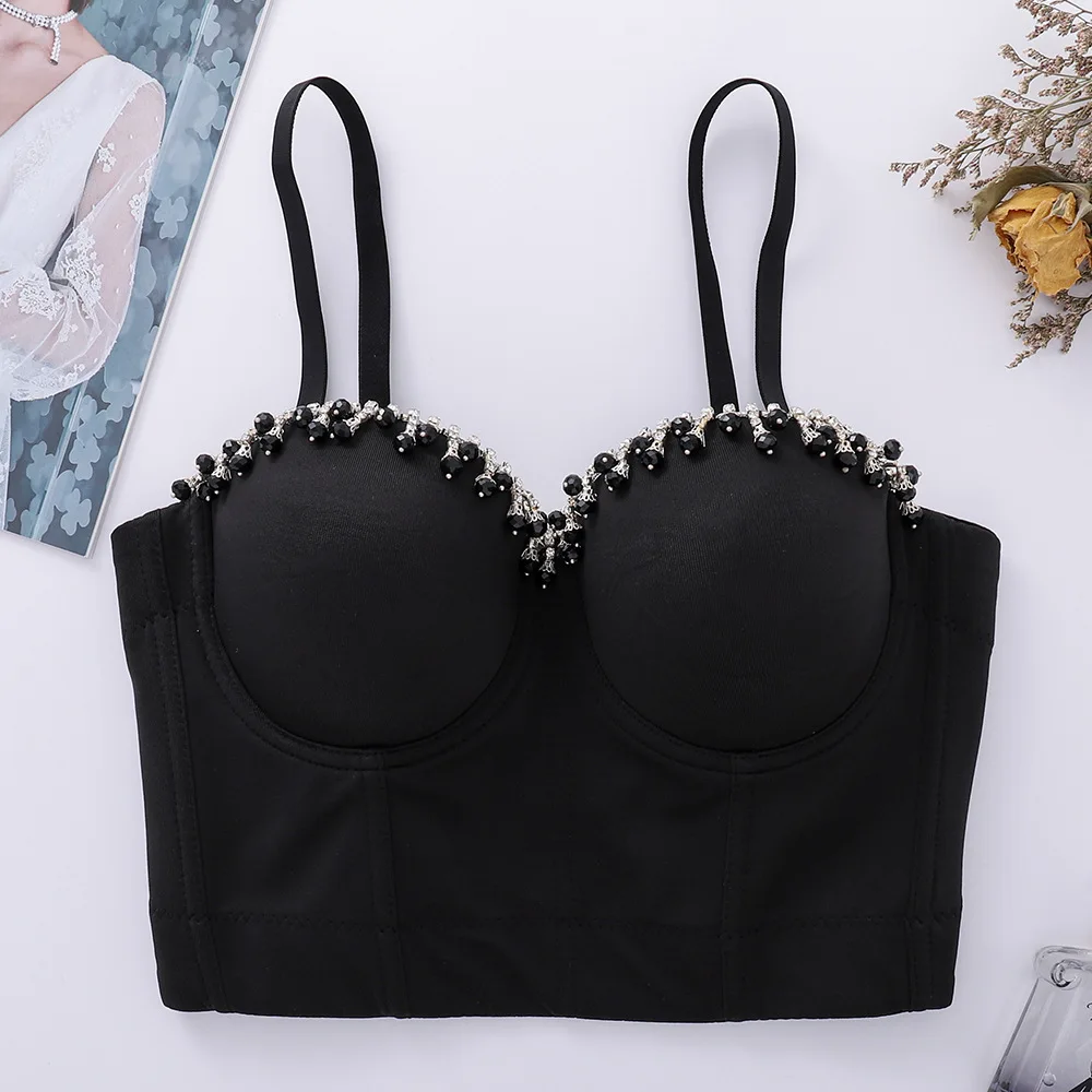 

Beading Camis Crop Top Fishbone Tank Backless Corset Vest Women Summer Stage Nightclub Solid Bustier strap Push Up Bra 2023